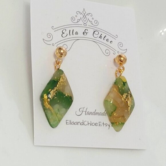 Handcrafted Boho Green Gold Ball Gemstone Agate Diamond Drop Dangle Earrings - Picture 2 of 7